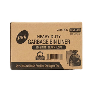 A brown kraft paper box of Pak Heavy Duty Garbage Bin Liners, 120 litre black LDPE, containing 250 pieces.