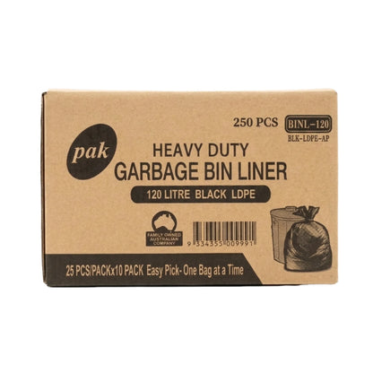 A brown kraft paper box of Pak Heavy Duty Garbage Bin Liners, 120 litre black LDPE, containing 250 pieces.