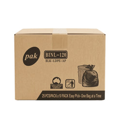 A brown kraft paper box of Pak Bin-120 black LDPE easy-pick trash bags, showing the brand logo and product details on a white background.