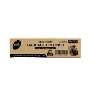 A box of Pak Heavy Duty Garbage Bin Liners, 72-75 Litre size, in black lope, containing 250 pieces. The packaging is a natural brown kraft paper with black text and a black circular Pak logo.