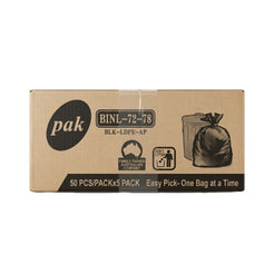A brown kraft paper box of Pak Bin-LDPE-AP garbage bags, 50 pieces per pack, with black printed text and graphics on a white background.