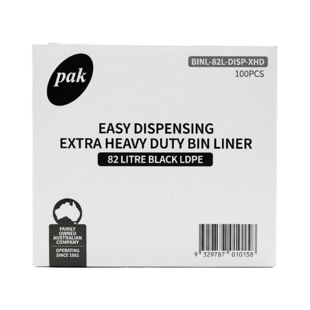 A white box of Pak Easy Dispensing Extra Heavy Duty Bin Liner, 82 Litre Black LDPE, 100 pieces, shown against a plain white background.