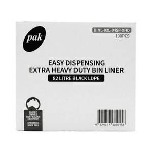 A white box of Pak Easy Dispensing Extra Heavy Duty Bin Liner, 82 Litre Black LDPE, 100 pieces, shown against a plain white background.