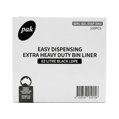 A white box of Pak Easy Dispensing Extra Heavy Duty Bin Liner, 82 Litre Black LDPE, 100 pieces, shown against a plain white background.