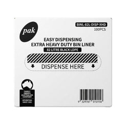A white box of Pak brand extra heavy duty bin liner, 100 pieces, featuring black text and graphics indicating it is 82 litre black LDPE.