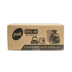A brown kraft paper box of Pak Bin-LDPE-AP garbage bags, 50 pieces per pack, on a plain white background.