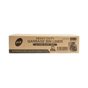 A box of Pak brand heavy duty garbage bin liners, 82 litres each, in a 250-piece pack. The packaging is a simple brown kraft paper style with black text and a black circular 'pak' logo, shown against a plain white background.