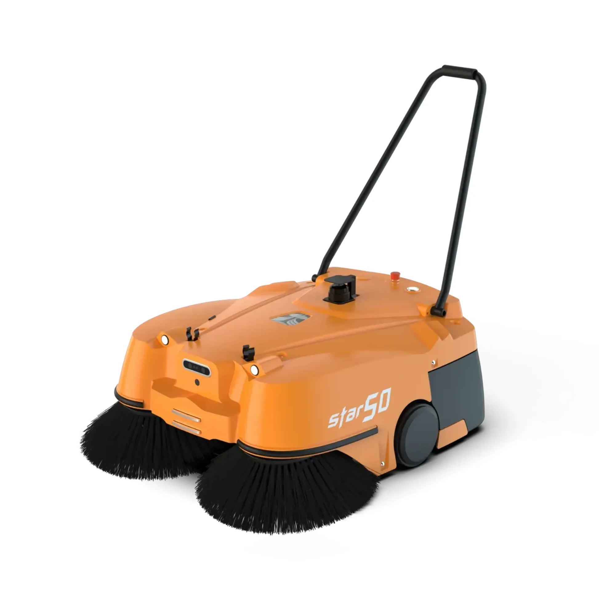 An orange and black Star 50 robotic sweeper with a handle, shown from a three-quarters angle on a white background.