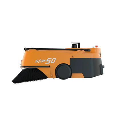 An orange and black Star50 street sweeper robot shown from a side profile view against a solid white background.
