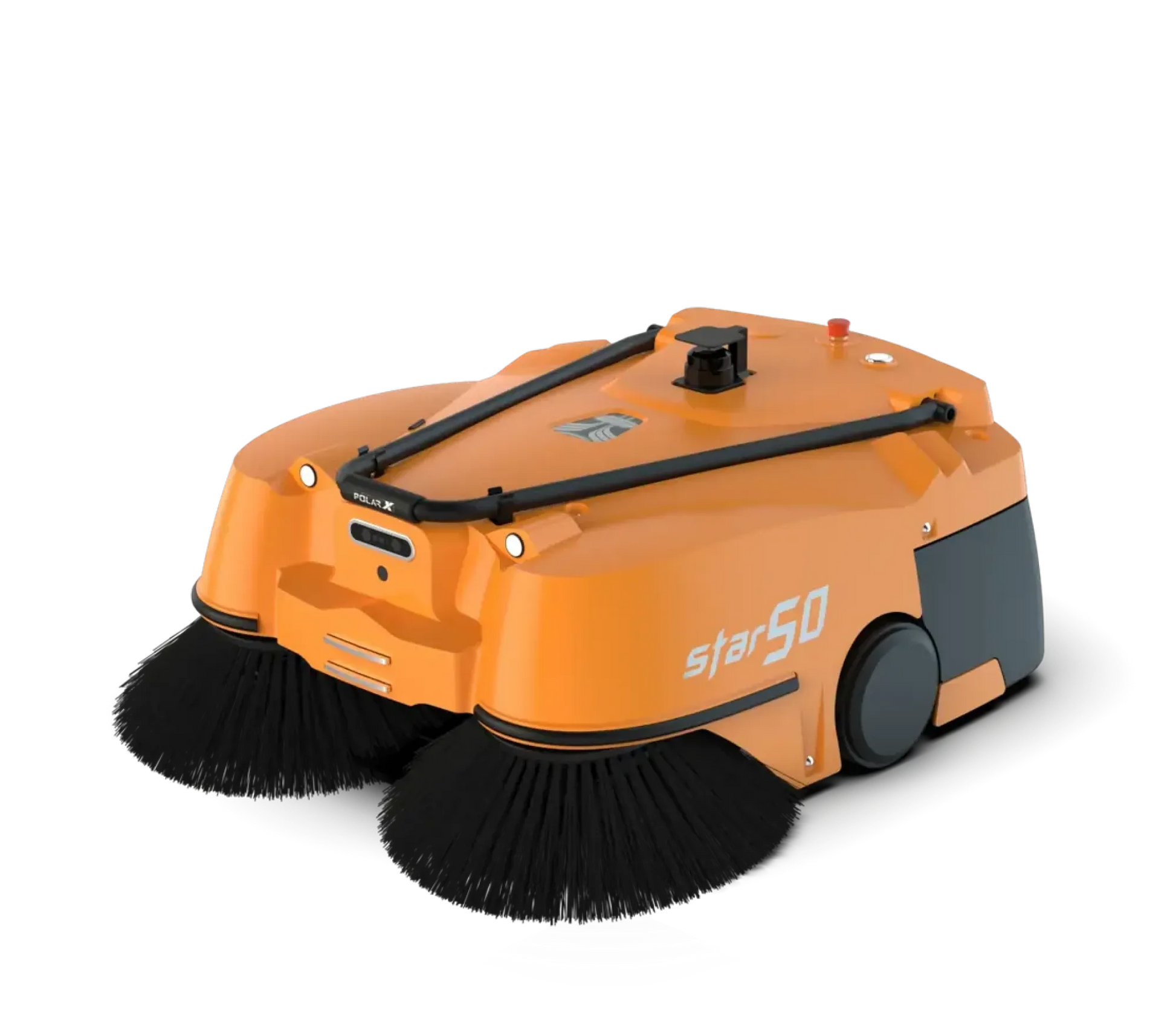 An orange and black StarS0 robotic sweeper with large black brush heads, shown from a three-quarters angle on a solid white background.