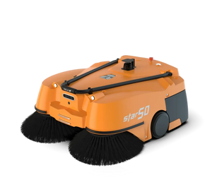 An orange and black StarS0 robotic sweeper with large black brush heads, shown from a three-quarters angle on a solid white background.