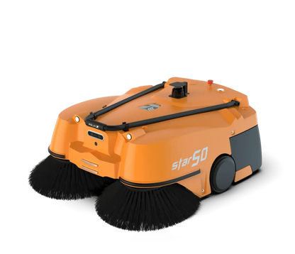 An orange and black StarS0 robotic sweeper with large black brush heads, shown from a three-quarters angle on a solid white background.