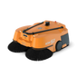 An orange and black StarS0 robotic sweeper with large black brush heads, shown from a three-quarters angle on a solid white background.
