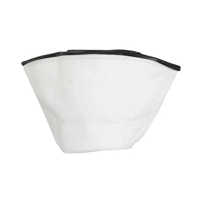 A white cone-shaped dog training hood with a black zipper trim at the top, shown against a plain white background.