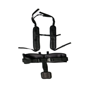 Black padded shoulder harness and waist belt set with adjustable straps and plastic buckles, shown on a plain white background.