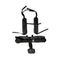 Black padded shoulder harness and waist belt set with adjustable straps and plastic buckles, shown on a plain white background.