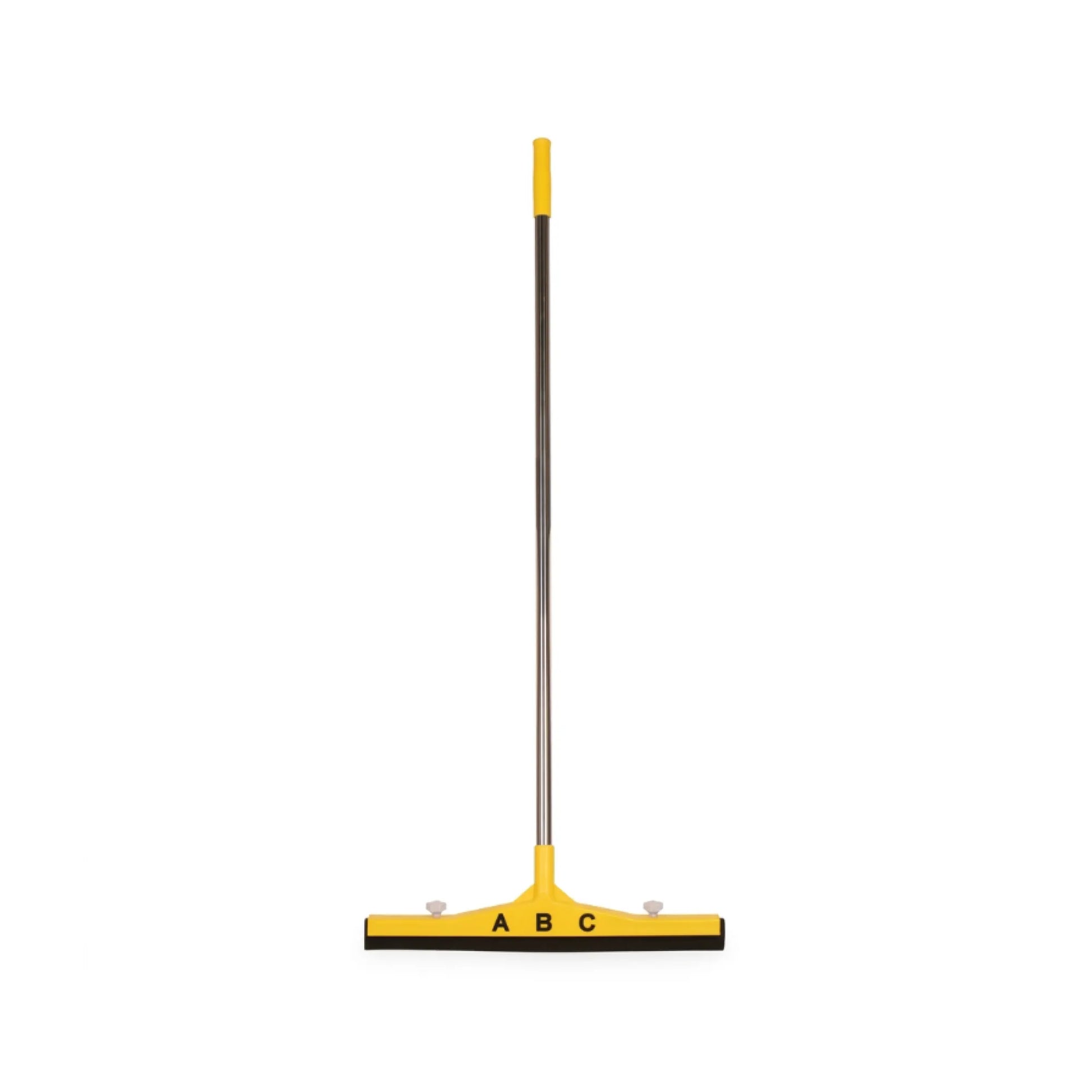 A squeegee with a yellow rubber blade, black rubber edge, silver metal handle, and yellow grip handle, shown against a plain white background.