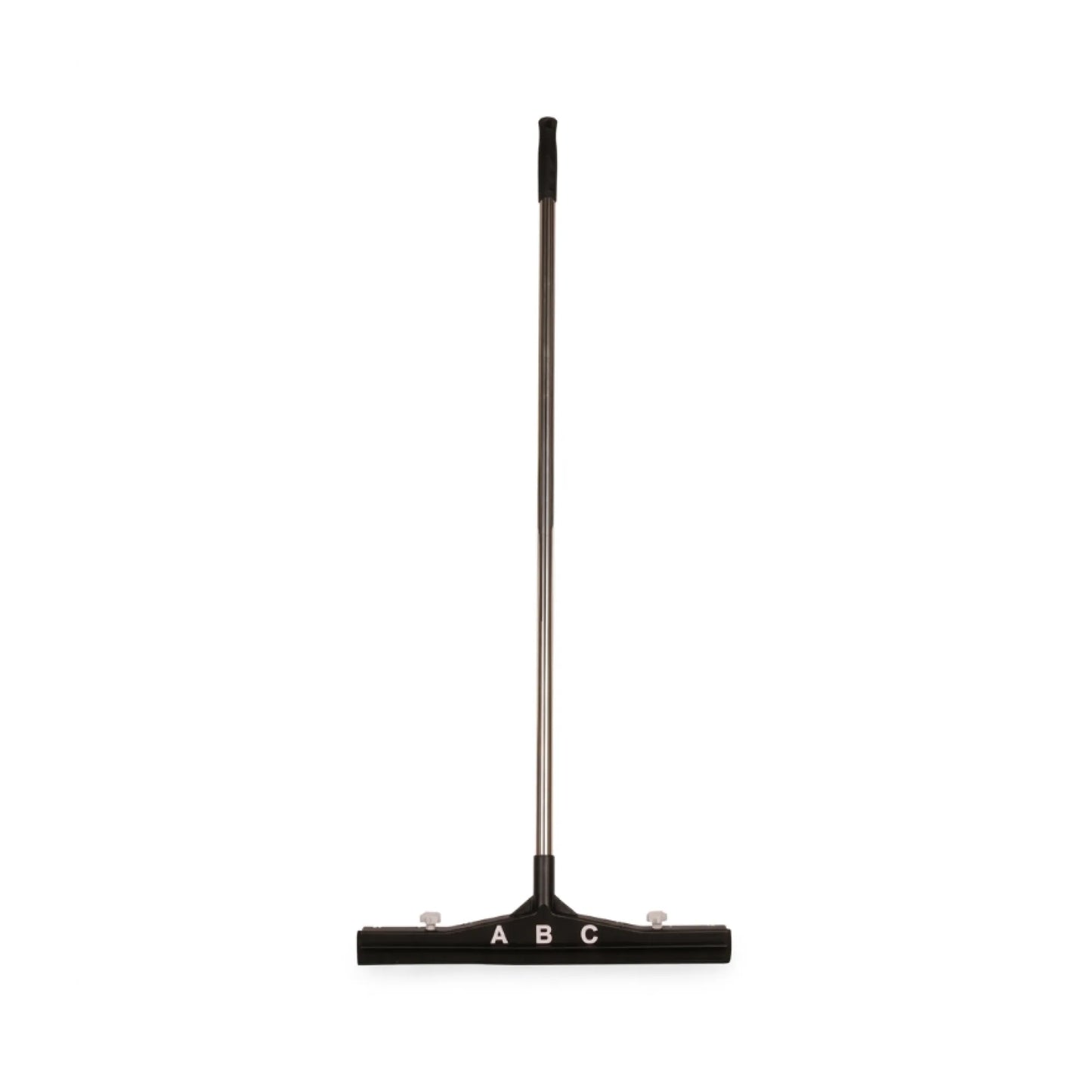 A black and silver squeegee with the letters 'A B C' printed on the black rubber blade, shown vertically against a solid white background.