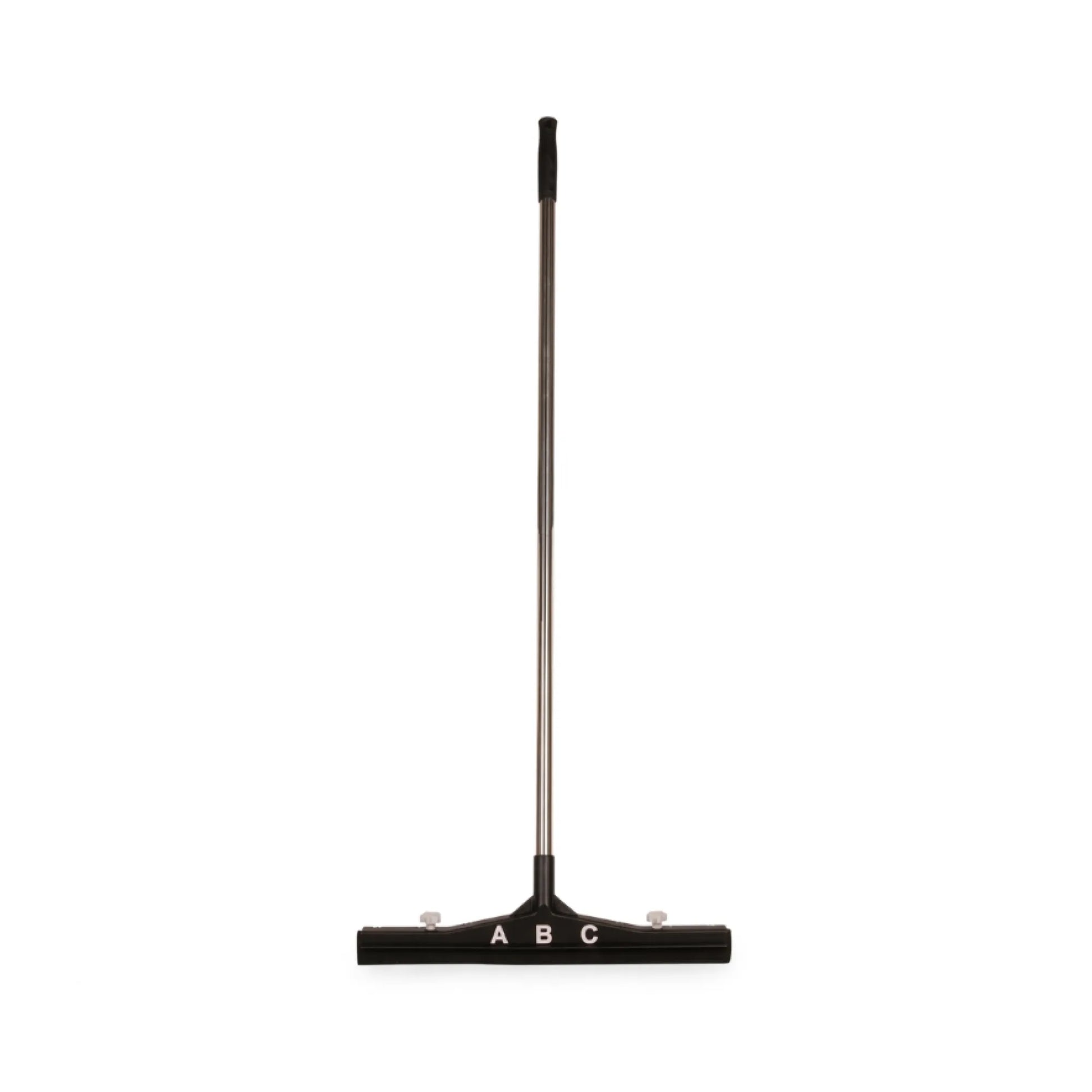 A black and silver squeegee with the letters 'A B C' printed on the black rubber blade, shown vertically against a solid white background.