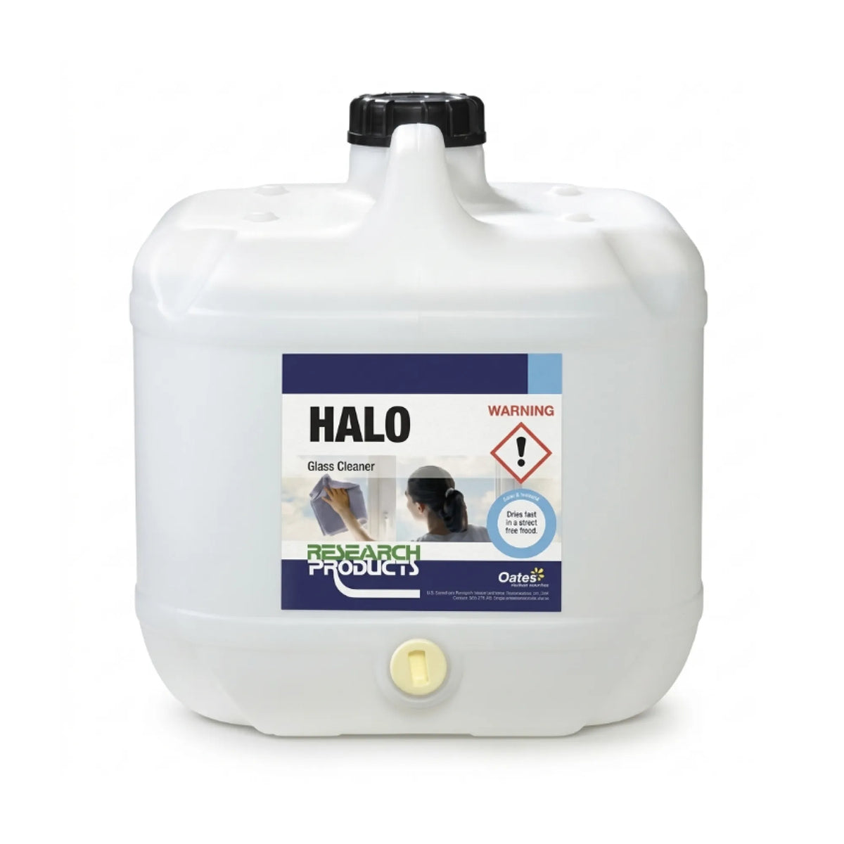 A white plastic jerrycan of HALO Glass Cleaner by Osmoc Research Products, featuring a black screw cap and a blue and white product label on the front.