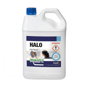 A white plastic jug of Research Products Halo Glass Cleaner with a blue cap and a blue, white, and red label, shown on a plain white background.