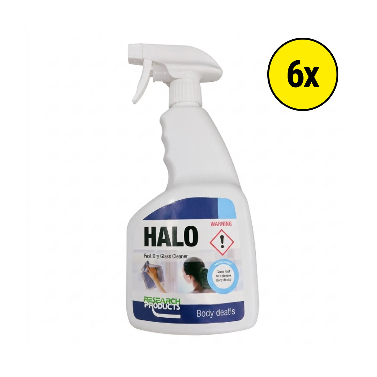 A white spray bottle of HALO Fast Dry Grass Cleaner with a blue and white label, shown on a white background with a yellow '6x' badge in the top right corner.
