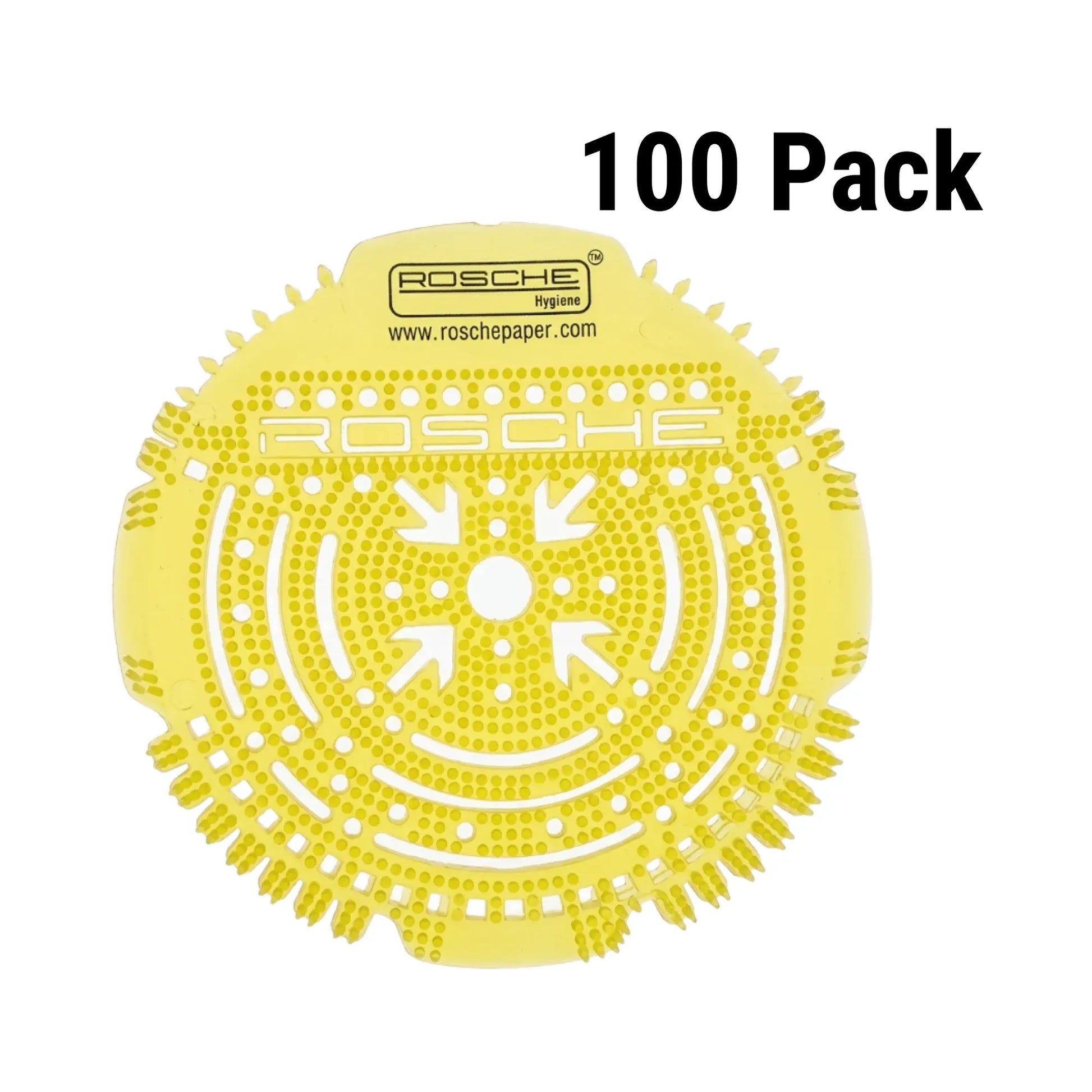 A yellow circular Rosche paper punch template with white arrows and circular cutouts, shown on a white background with '100 Pack' text in the upper right.