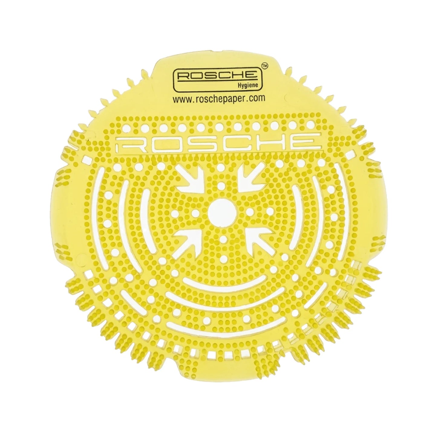 A yellow circular Rosche Regras papermaking screen or mold, featuring the brand name 'ROSCHE' and website printed on the top, set against a plain white background.