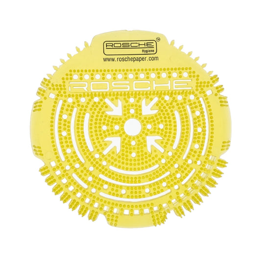 A yellow circular Rosche Regras papermaking screen or mold, featuring the brand name 'ROSCHE' and website printed on the top, set against a plain white background.