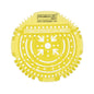 A yellow circular Rosche Regras papermaking screen or mold, featuring the brand name 'ROSCHE' and website printed on the top, set against a plain white background.