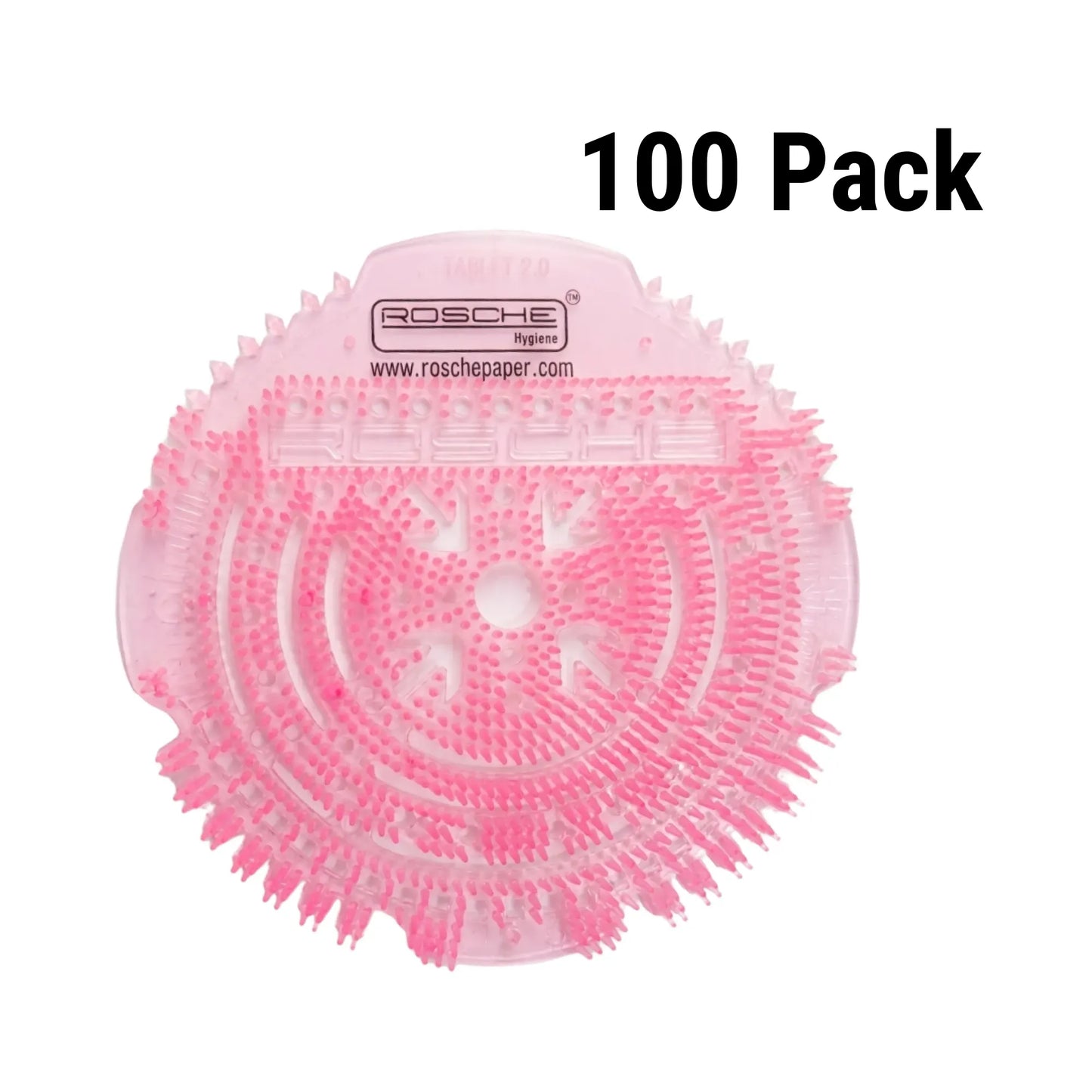 A pink circular cleaning scrubber pad with dense bristles, shown on a white background with the text '100 Pack' in the top right. The brand name ROSCHE is visible on the pad.