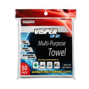 A 50-pack of Vesper K5 50 multi-purpose towels in clear plastic packaging with a red, black, and blue label.