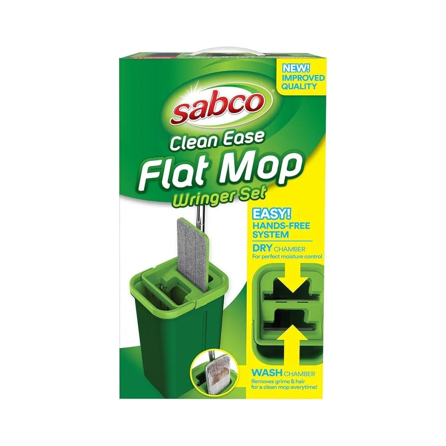 Sabco Clean Ease Flat Mop Wringer Set in its retail packaging, featuring a green and yellow box with an illustration of the green mop bin and gray mop head.