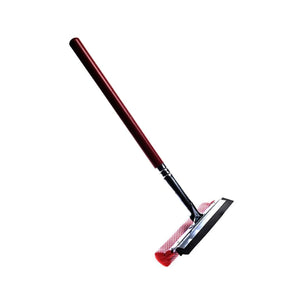 A window squeegee with a metallic dark red handle, black rubberized head, and red bristles, shown against a solid white background.