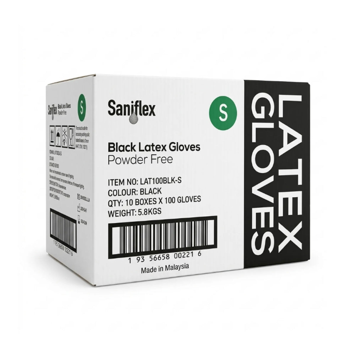 Saniflex Black Latex Gloves powder free packaging box, size S, featuring a white box with black text and a green circular 'S' logo, on a white background.