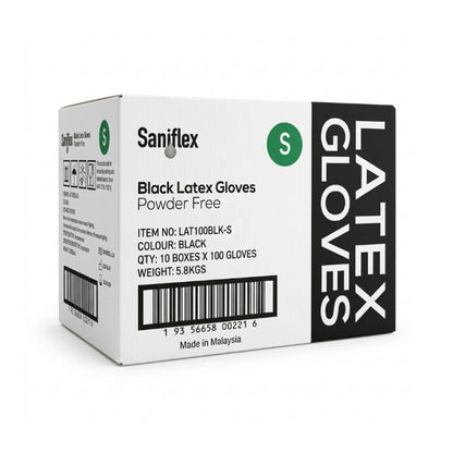 Saniflex Black Latex Gloves powder free packaging box, size S, featuring a white box with black text and a green circular 'S' logo, on a white background.
