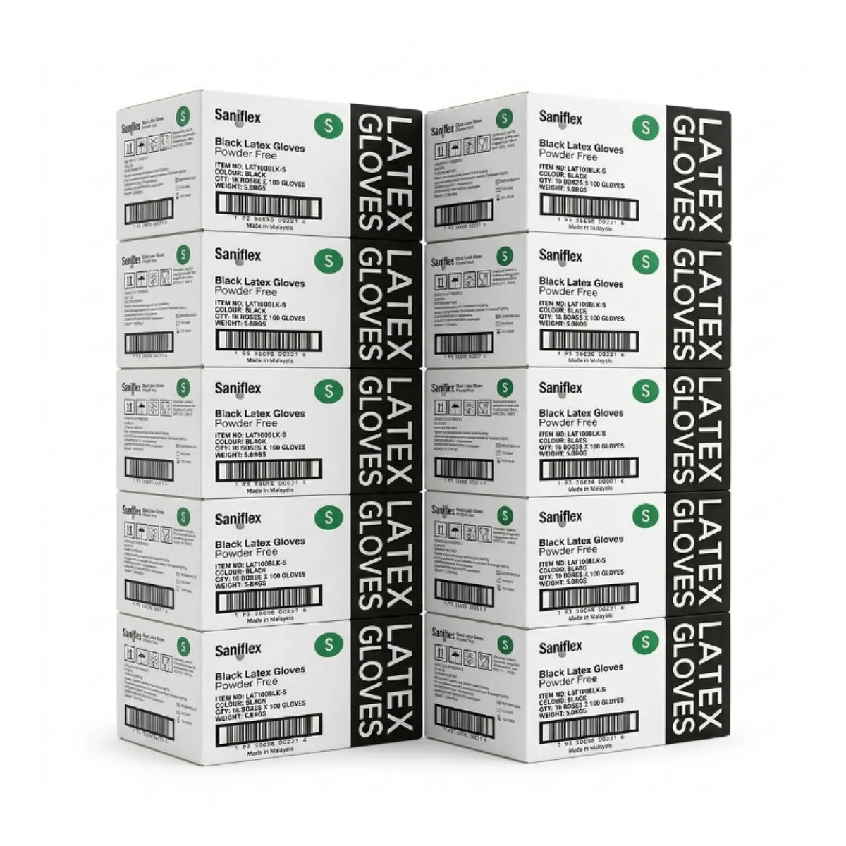 Two boxes of Saniflex black latex gloves powder free, displayed on a clean white background.