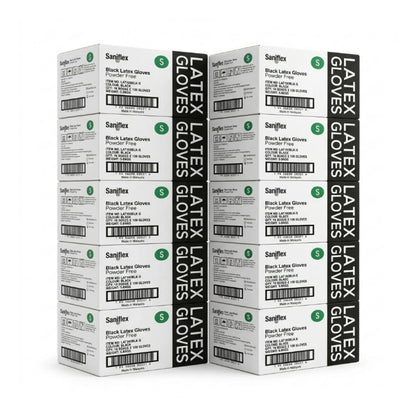 Two boxes of Saniflex black latex gloves powder free, displayed on a clean white background.