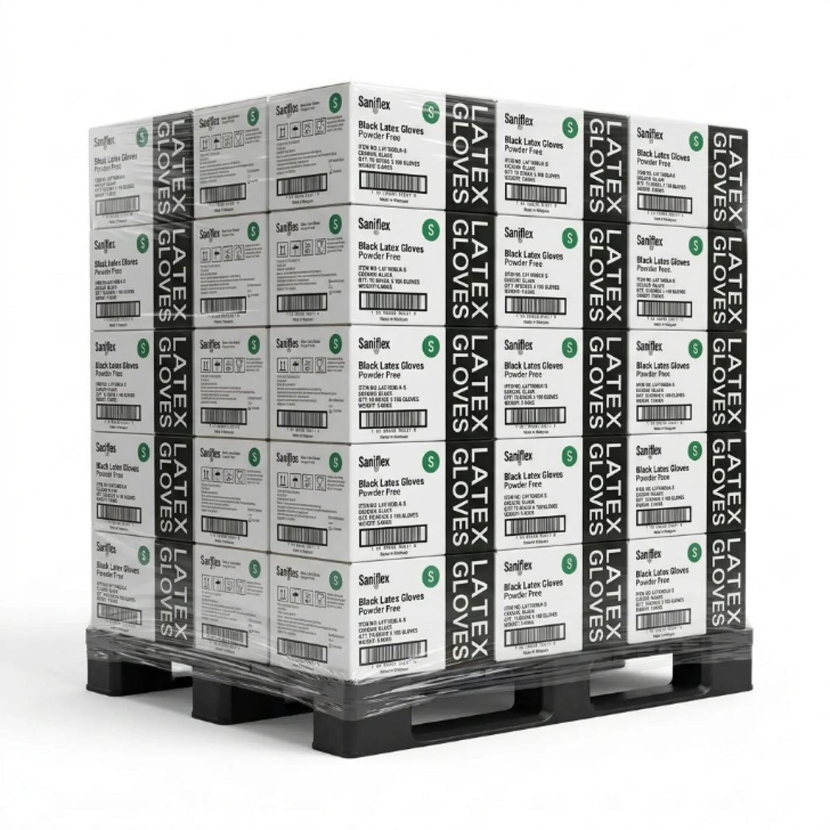 A pallet stacked with multiple boxes of Sanbox Black Latex Gloves, shown on a clean white background.