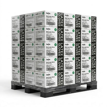 A pallet stacked with multiple boxes of Sanbox Black Latex Gloves, shown on a clean white background.