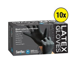 Saniflex black latex examination gloves powder-free packaging box, size L, 100 pieces, with a yellow '10x' badge on a white background.