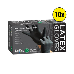 Saniflex S size black latex examination gloves powder-free box, featuring a yellow '10x' badge overlay, on a solid white background.