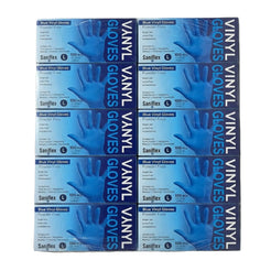 Eight boxes of Sanflex Blue Vinyl Gloves arranged in a 2x4 grid on a plain white background.