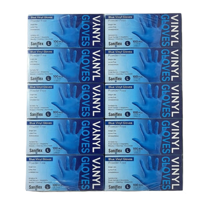 Eight boxes of Sanflex Blue Vinyl Gloves arranged in a 2x4 grid on a plain white background.