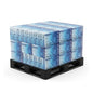 A black plastic pallet stacked with multiple boxes of Vania Self-Adhesive Surgical Gloves, set against a plain white background.