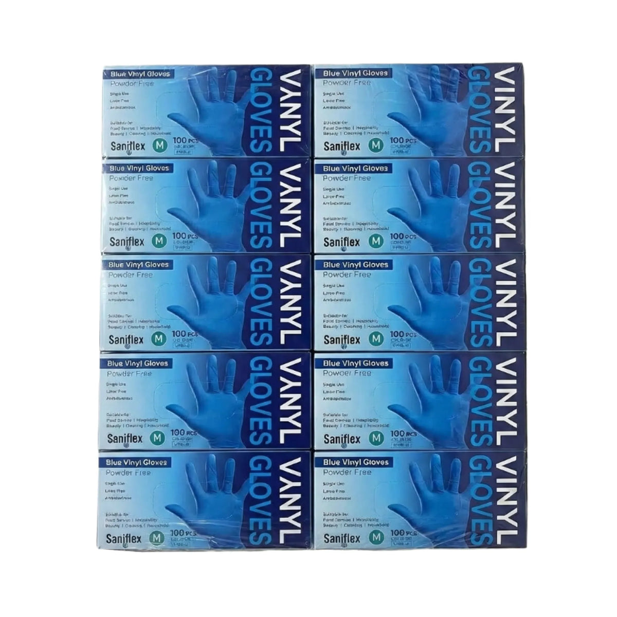 Six packs of Sanjflex blue vinyl gloves arranged in a 2x3 grid on a plain white background.