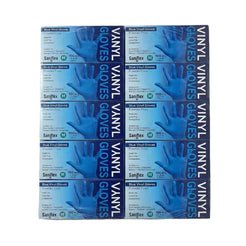 Six packs of Sanjflex blue vinyl gloves arranged in a 2x3 grid on a plain white background.