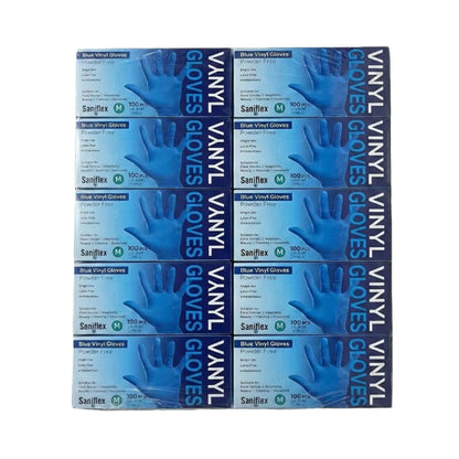 Six packs of Sanjflex blue vinyl gloves arranged in a 2x3 grid on a plain white background.