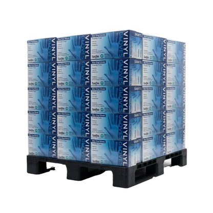 A black plastic pallet stacked with multiple boxes of Safety 450 single-use vinyl gloves, shown on a plain white background.
