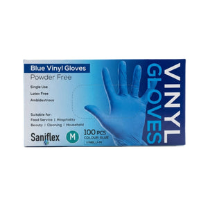 A box of Saniflex Blue Vinyl Gloves, size M, containing 100 pieces. The packaging is blue and white with a graphic of a blue vinyl glove on the front, set against a plain white background.